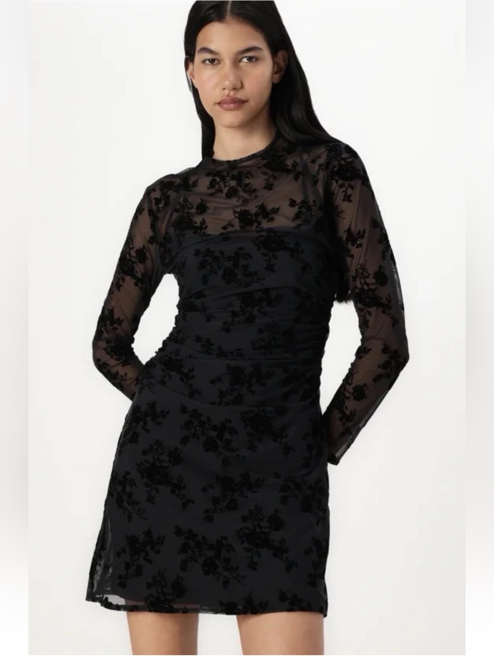 Abercrombie & Fitch Paloma Long Sleeve Lace Mini Dress with Black Velvet Florals